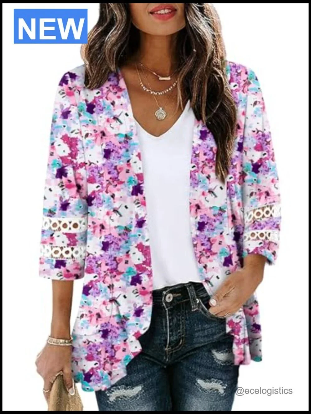 Womens Casual Open Front Cardigan Lightweight Soft Draped Ruffles 3/4 Sleeve